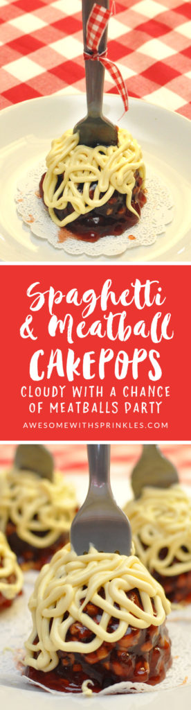 We made these awesome cakepops that look like Spaghetti + Meatballs for SheKnows.com! Perfect for a Cloudy with a Chance of Meatballs Party or other funky food themed bash! | Awesome with Sprinkles
