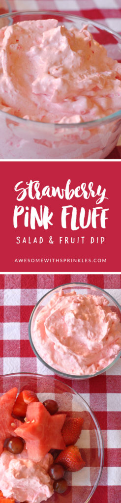 A cool fluffy pink strawberry side dish that is perfect as a fruit dip! Make some for your next pool party, summer picnic or BBQ! | Awesome with Sprinkles