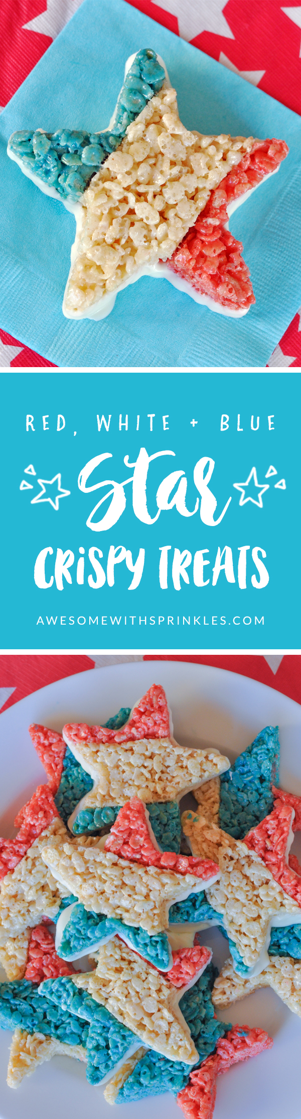 Red, White + Blue Star Crispies are easy and fun to make! Perfect for your next patriotic picnic! | Awesome with Sprinkles