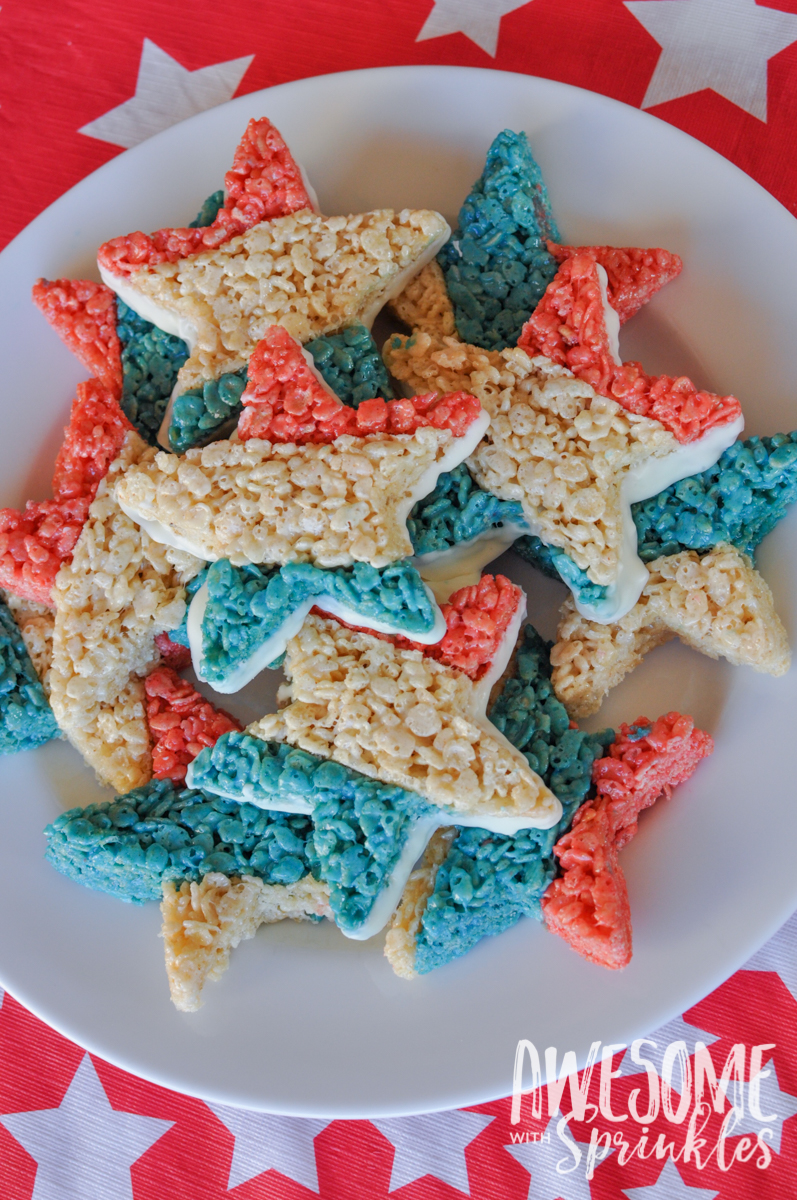 Red, White + Blue Star Crispies are easy and fun to make! Perfect for your next patriotic picnic! | Awesome with Sprinkles