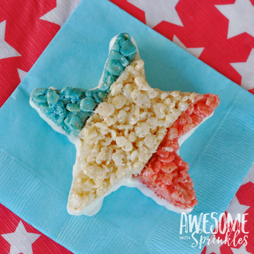 Red, White + Blue Star Crispies are easy and fun to make! Perfect for your next patriotic picnic! | Awesome with Sprinkles