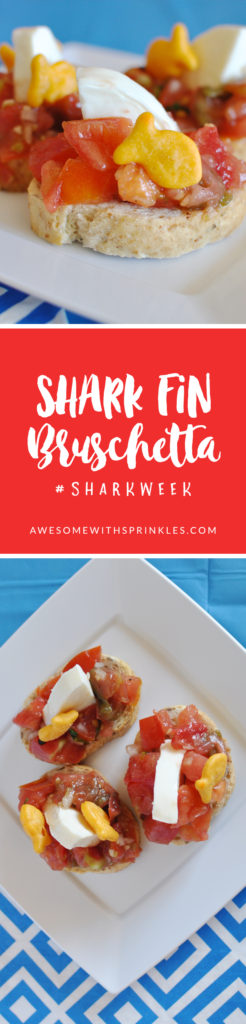 This fun and tasty Shark Fin Bruschetta is a perfect appetizer for #SharkWeek! | Awesome with Sprinkles