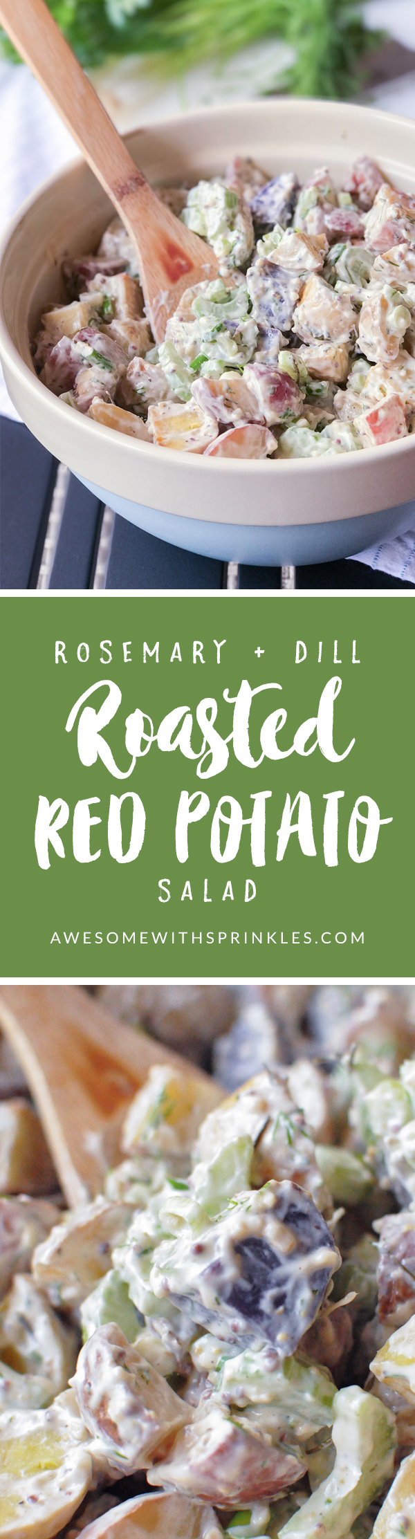 Crispy oven roasted red potatoes combined with fresh rosemary and dill herbs make for a savory twist on this classic BBQ staple. | Awesome with Sprinkles