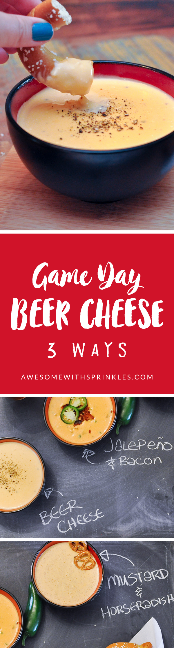 Homemade Beer Cheese - 3 Ways | These three gooey beer cheese dips really bring their A-game to your Game Day table! Served with a warm pretzel it's a touchdown in your tummy! | Awesome with Sprinkles