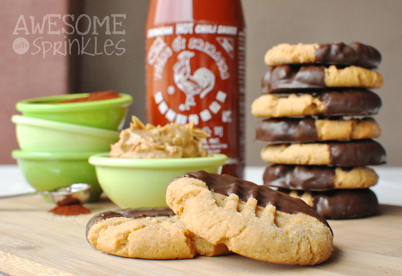 Chocolate Chili Dipped Sriracha Peanut Butter Cookies | Awesome with Sprinkles