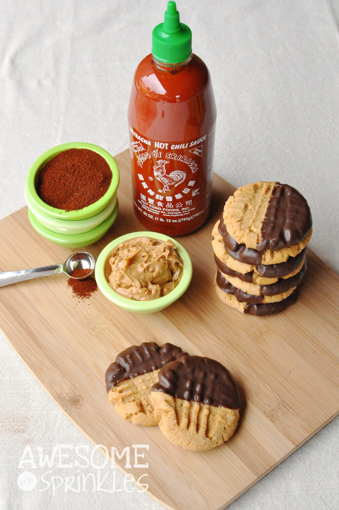 Chocolate Chili Dipped Sriracha Peanut Butter Cookies | Awesome with Sprinkles