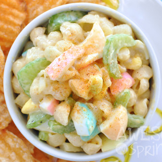 Classic Macaroni Salad with colored eggs for Easter