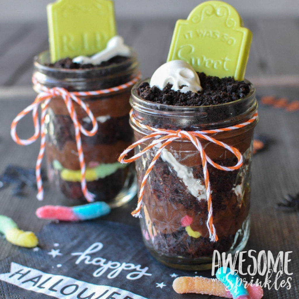 Ghostly Graveyard Pudding Dirt Cups in Mason Jars Awesome with Sprinkles