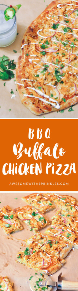 A tangy BBQ sauce with spicy buffalo sauce and chopped jalapeños makes for a fiery chicken pizza that is sure to give your tastebuds a treat! | Awesome with Sprinkles