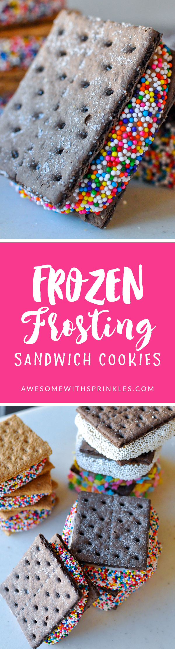 Don't waste that extra frosting, instead put it to use in these easy frozen frosting sandwich cookies! Perfect when you are craving something sweet and cool! | Awesome with Sprinkles