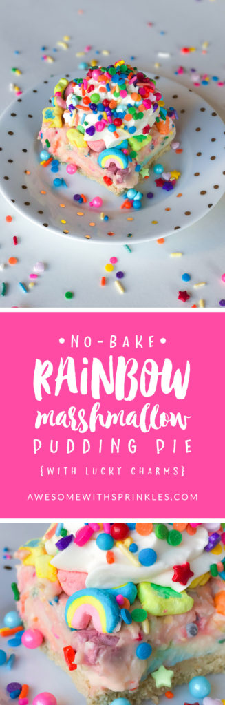 No-Bake Rainbow Marshmallow Pudding Pie (with Lucky Charms) // by Awesome with Sprinkles