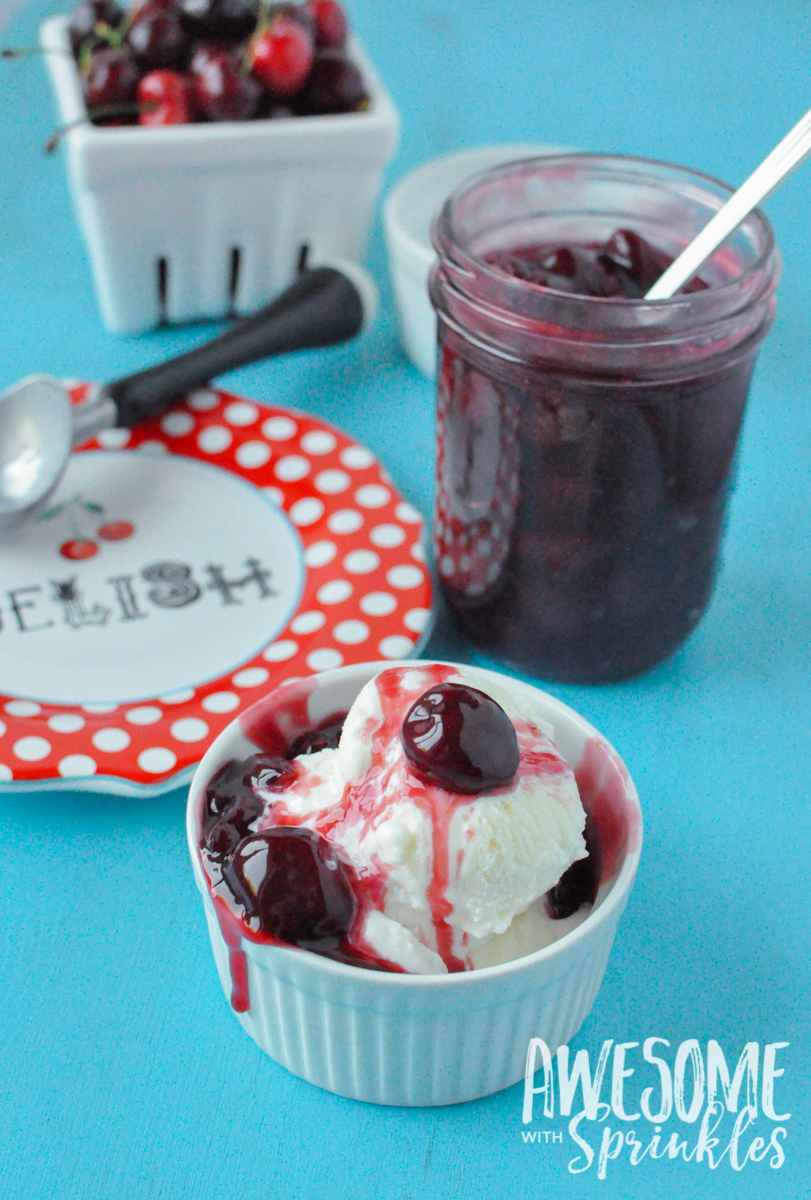 This delightful Rum Cherry Sauce made with fresh whole cherries is perfect for topping cheesecake, ice cream, pancakes and more! | Awesome with Sprinkles