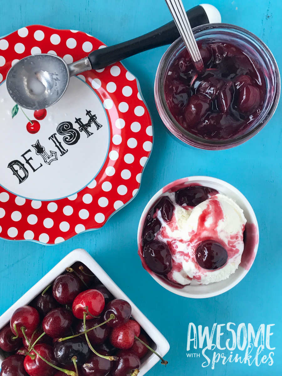This delightful Rum Cherry Sauce made with fresh whole cherries is perfect for topping cheesecake, ice cream, pancakes and more! | Awesome with Sprinkles