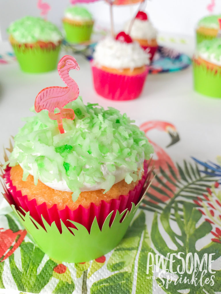 Piña Colada Cupcakes for a cute flamingo lawn party theme | Awesome with Sprinkles