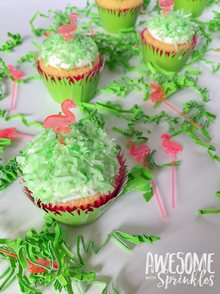 Piña Colada Cupcakes for a cute flamingo lawn party theme | Awesome with Sprinkles