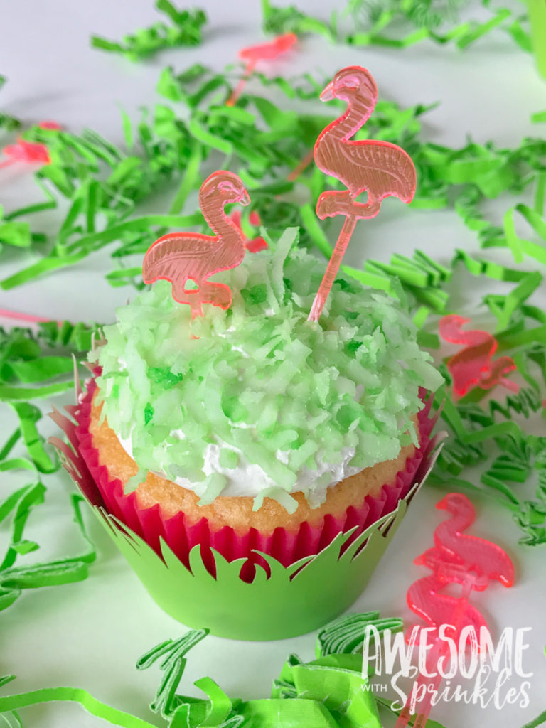 Piña Colada Cupcakes for a cute flamingo lawn party theme | Awesome with Sprinkles