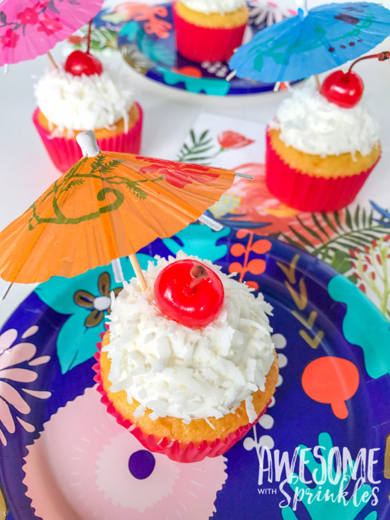 Piña Colada Cupcakes with Fluffy Coconut Frosting by Awesome with Sprinkles