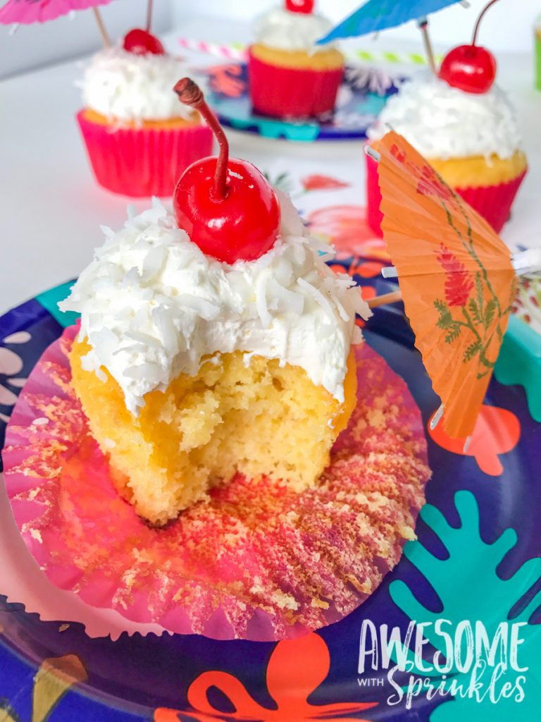 Piña Colada Cupcakes with Fluffy Coconut Frosting by Awesome with Sprinkles