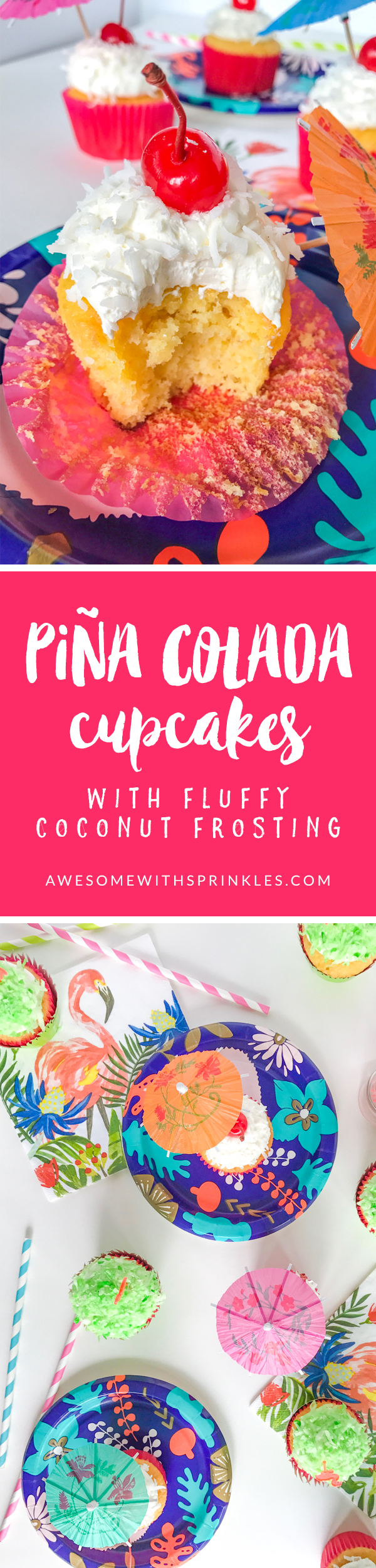 Piña Colada Cupcakes for a cute flamingo lawn party theme | Awesome with Sprinkles