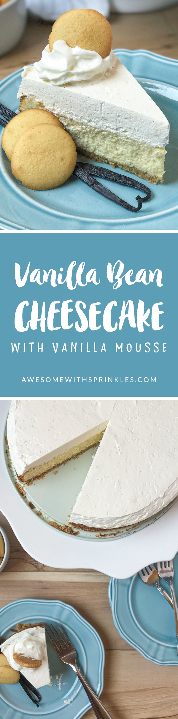 Rich and creamy with a thick layer of smooth vanilla mousse, this vanilla bean cheesecake may be easy, but it is anything but basic. | Awesome with Sprinkles