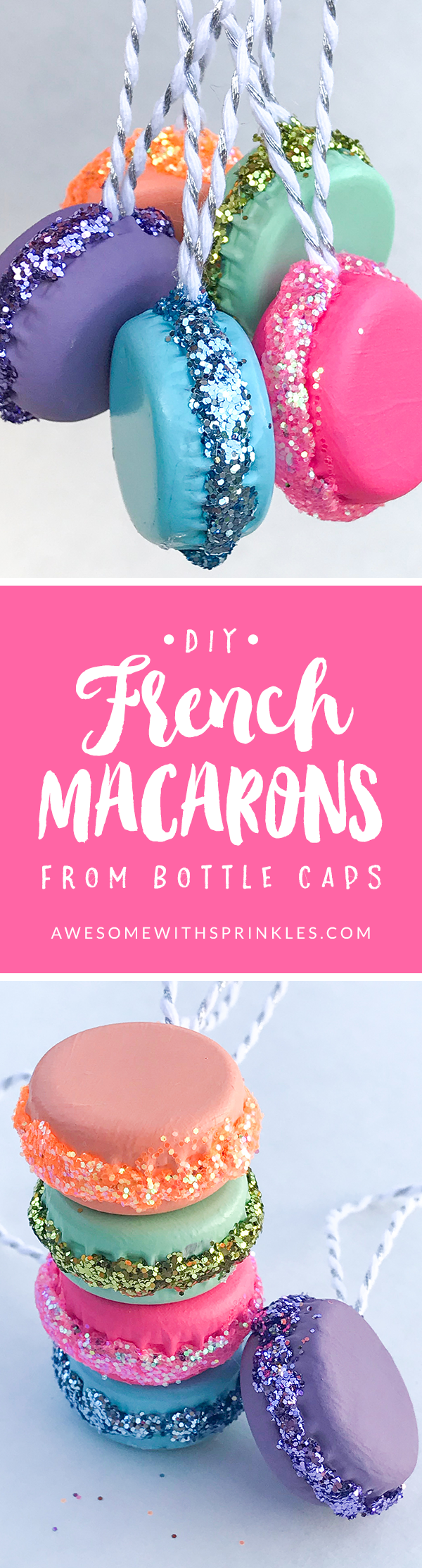 These adorable little french macaron ornaments are made from bottle caps. Make some for gifts, ornaments, present toppers, jewelry, key chains and more! | Awesome with Sprinkles